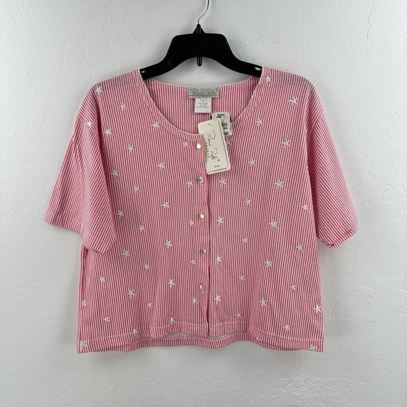 Vintage Rene Rofe Sleepwear Top S Cropped Button Up Pink Pinstripe Stars NEW - Picture 1 of 7